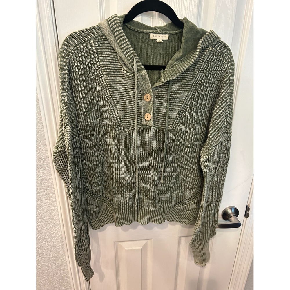 Blu Pepper Hoodie Green Ribbed Knit Button Pullover Sweater Boho L